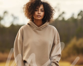 Gildan 18500 Mockup Gildan 18500 Sand Mockup Woman Hoodie Mock Up Female Sweatshirt Sand Mock Up Oversize American African Model Mockup