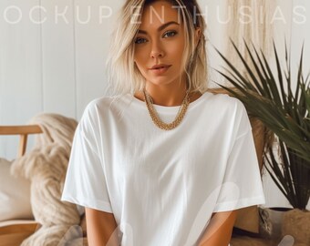 Gildan 5000 Mockup White Tshirt Mockup 5000 Female Model Mockup Gildan Shirt White Unisex Tee Mock Gildan Indoor Boho Room Gildan 5000 Mock