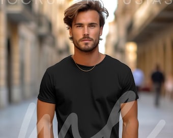 Gildan 5000 Mockup Schwarz Tshirt Mockup 5000 Männliches Modell Mockup Gildan Shirt Schwarz Unisex T-Shirt Mock Gildan Outdoor City Mans Tshirt Black Mock