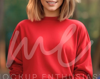 Gildan 18000 Mockup Herbst Gildan Rot Sweatshirt Mockup Herbst Sweatshirt Modell Mockup Rot Gildan Crewneck Mockups Schwere Mischung Pullover Weiblich