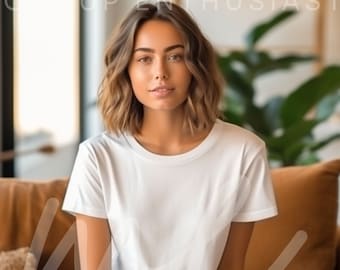 Gildan 5000 Mockup White Tshirt Mockup 5000 Female Model Mockup Gildan Shirt White Unisex Tee Mock Gildan Indoor Boho Style Gildan 5000 Mock