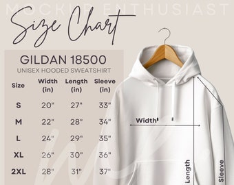 Gildan 18500 Tabla de tallas 18500 Sudadera con capucha Mockup Tabla de tallas unisex Gildan Sudadera con capucha de algodón pesado Estética simple con capucha Flat Lay G18500 Tabla de tallas