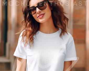 Gildan 5000 Mockup White Tshirt Mockup 5000 Female Model Mockup Gildan Shirt White Unisex Tee Mock Gildan Outdoor Gildan 5000 Sunny Day Mock