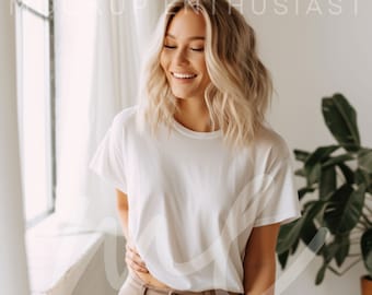 Gildan 5000 Mockup White Tshirt Mockup 5000 Female Model Mockup Gildan Shirt White Unisex Tee Mock Gildan Indoor Boho Style Gildan 5000 Mock
