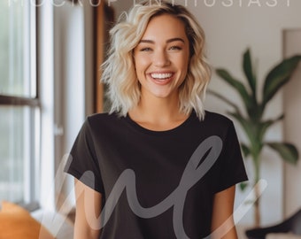 Gildan 5000 Mockup camiseta negra Mockup 5000 Happy Female Model Mockup Gildan Camisa Negra Unisex Camiseta Mock Gildan Interior Boho Estilo Gildan