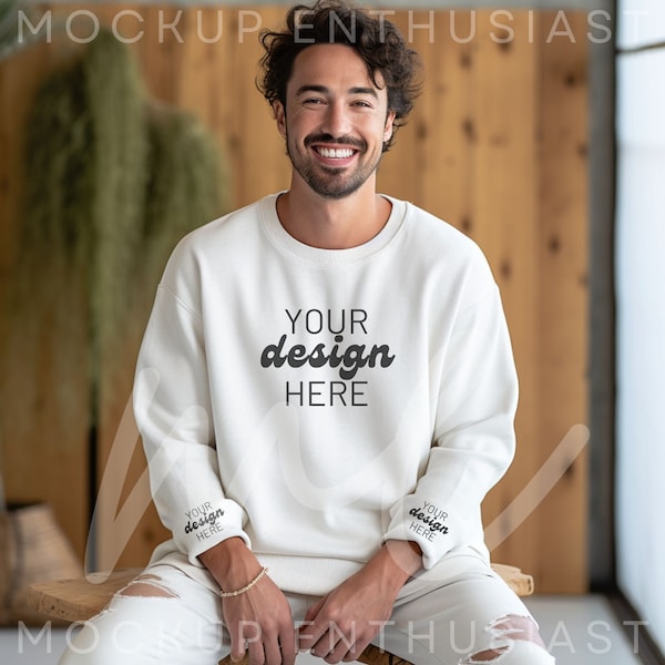 Sleeve Mockup White Gildan 18000 Crewneck Mockup White Sweatshirt Mockup Sleeve Mockup POD Mockup Cuff Mockup Wrist Mockup Male Model Mockup