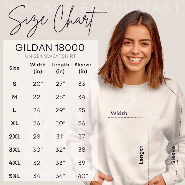 Gildan 18000 Size Chart G1800 Sweatshirt Mockup Unisex Size Chart Heavy Blend Crewneck Size Chart Simple Aesthetic Sweater Female Model Size