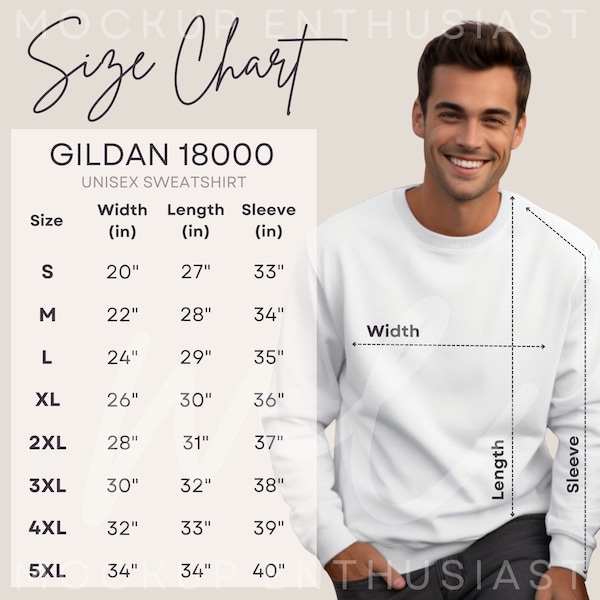 Gildan 18000 Size Chart G1800 Sweatshirt Mockup Unisex Size Chart Heavy Blend Crewneck Size Chart Simple Aesthetic Sweater Male Model Size