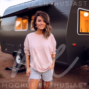 Gildan 18000 Mockup Gildan 18000 Light Pink Mockup Woman Light Pink Sweatshirt Mock Up Happy Woman Oversized Sweatshirt Camper Van Mockup