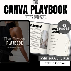 May include: A digital guide titled "The Canva Playbook" with a black and white cover image of a woman wearing a black mock neck shirt and black trousers. The guide is 43 pages long and includes information on creating eye-catching graphics, social media posts, and more. The guide is available with MRR and PLR and can be edited in Canva.