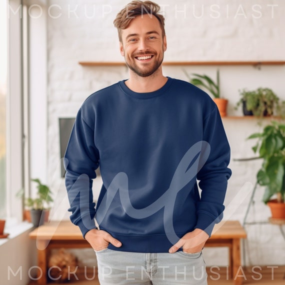 Gildan 18000 Male Mockup Navy Sweatshirt Autumn Mock Mens Model Mockups 18000 Navy Gildan Crewneck Handsome Man Mockup 18000 Plants Lover