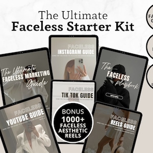 May include: A digital marketing kit for faceless social media marketing. The kit includes six guides for Instagram, TikTok, YouTube, Reels, and a Faceless Marketing Guide. The kit also includes 1,000+ faceless aesthetic reels and 1,000 stock images.