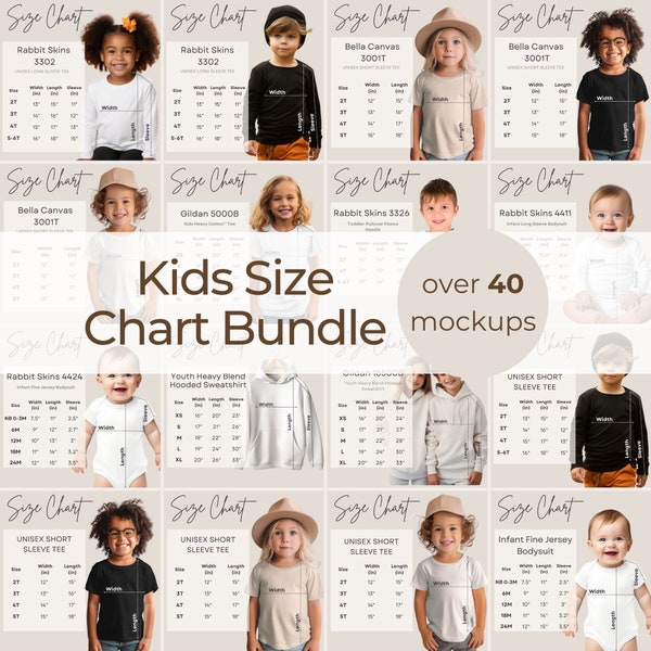 Toddler Youth Size Chart Mockup Bundle Kid Infants Size Chart Mockup Bella Canvas 3001Y Rabbit Skins 3302 4411 4424 3326 Size Chart Gildan