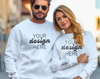 Sleeve Mockup White Gildan 18000 Crewneck Mockup White Sweatshirt Mockup Sleeve Mockup POD Mockup Cuff Mockup Wrist Mockup Couple Model Mock