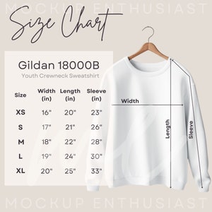 May include: Size chart for Gildan 18000B Youth Crewneck Sweatshirt. The chart shows the width, length, and sleeve length in inches for sizes XS, S, M, L, and XL.