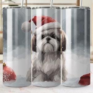 Cachorro Shih Tzu fofo usando chapéu de Papai Noel, presente personalizado para amantes de cães, chapéu de Papai Noel para cachorro, presente para ela, presente de Natal para amantes de cães, copo de Natal 3D, embrulho PNG