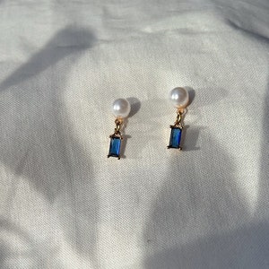 faux sapphire pearl drop earrings