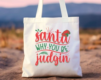 Santa Judgin Christmas Gift Bag, Cute Canvas Gift Bag, Christmas Party Bag, Holiday Gift, Gift Bag, Christmas Gifts, Funny Tote Bag, Gifts