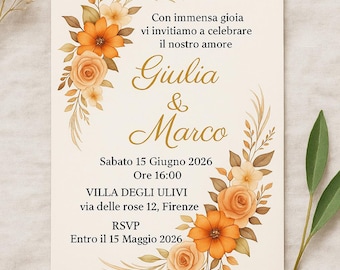 May include: Wedding invitation with floral accents. The invitation features the names "Giulia & Marco" in elegant script, along with event details. The design includes orange and cream-colored flowers and foliage.
