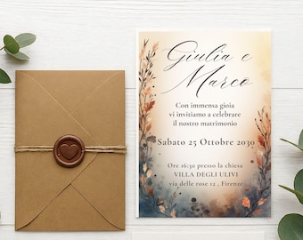 May include: A wedding invitation with the names "Giulia e Marco" in elegant script. The invitation features watercolor floral accents and the date "Sabato 25 Ottobre 2030". A matching brown envelope with a heart-shaped wax seal is also present.