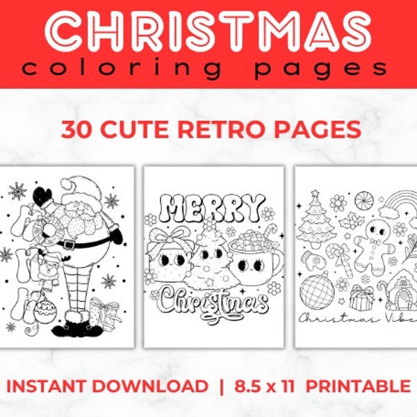 Cute Christmas Coloring Pages, 30 Retro Style Coloring Pages, Kids and Teens, Classroom Activity, Peace Love, Christmas Fun Activity