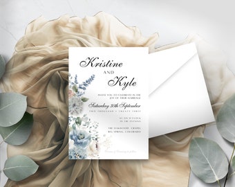 Powder Blue Floral | Wedding Invitation, Digital Wedding Invitation Template, DIY Instant Download Invitation, WB002