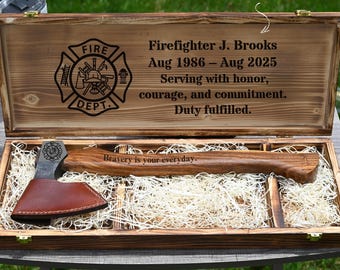 Custom Firefighter Axe Gift with Engraved Wooden Box, Fire Department Award, Gift for Fireman, Retirement Anniversary Fathers Day Gift