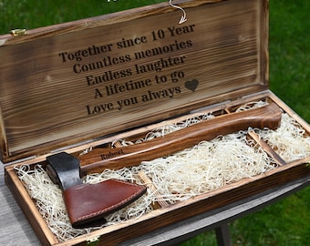 Custom Anniversary Axe Gift for Husband, Engraved Wooden Box, Functional Bushcraft Hatchet for Men, Personalized Birthday Gift for Him