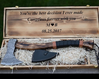 Functional Hand Forged Viking Axe, Gift for Men and Women with Personalized Wooden box, Wedding Groomsmen Proposal Engagement & Anniversary