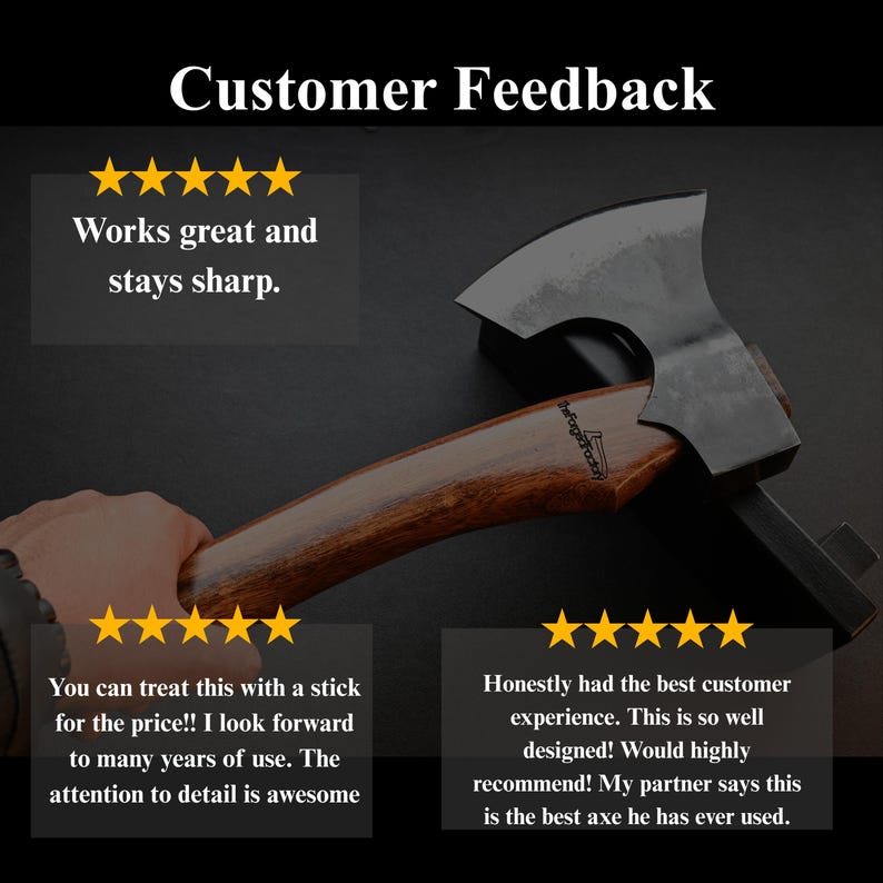 May include: Axe with a dark metal blade and a wooden handle. The handle has a rich, brown color. The image includes customer feedback with text that says "Works great and stays sharp."