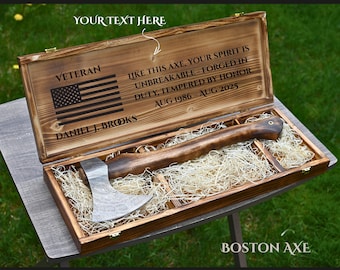 Personalized Veteran Axe with Wooden Box, Custom Army Navy Air Force Marine National Guard Gift for Retiree, Anniversary Fathers Day Gift