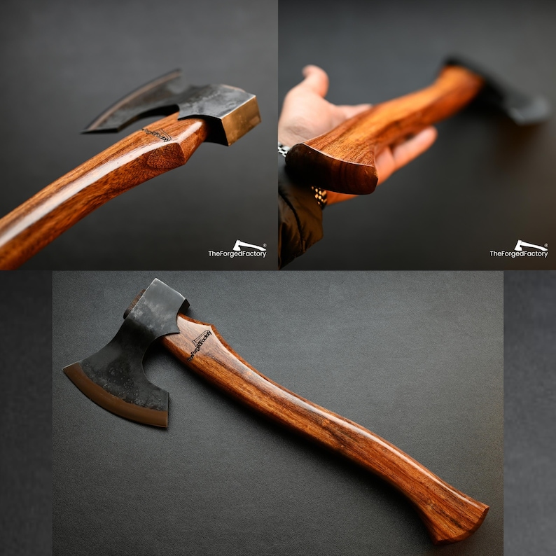 May include: Axe with a dark metal head and a polished wooden handle. The handle is a rich brown color, and the axe head has a curved blade. The axe is displayed against a dark background. The text "TheForgedFactory" is visible.