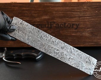 Handmade Damascus Steel Billet - 12 Inches Feather Pattern Damascus Bar for Knife Making, Damascus Steel Blank Blade Material