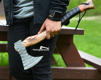 Hand Forged Damascus Steel Viking Bearded Axe, Bushcraft Hatchet for Outdoor Use, Gift for Him on Anniversary.