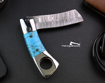 Personalized Cigar Cutter, Damascus Steel Pocket Cigar Accessories, Gift for Him on Anniversary, Retirement, Groomsmen, Christmas & New Year