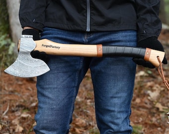 Hand Forged Damascus Steel Camping Bushcraft Heavy Duty Axe, Gift for HIM on Anniversary, Christmas and New Year