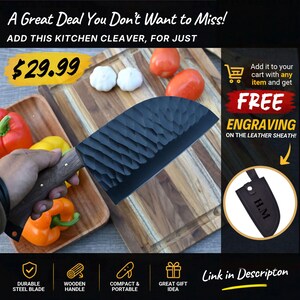 May include: A kitchen cleaver with a black hammered metal blade and a brown wooden handle, accompanied by a dark brown leather sheath featuring the engraved initials H.M. The blade has a textured surface and a curved cutting edge.