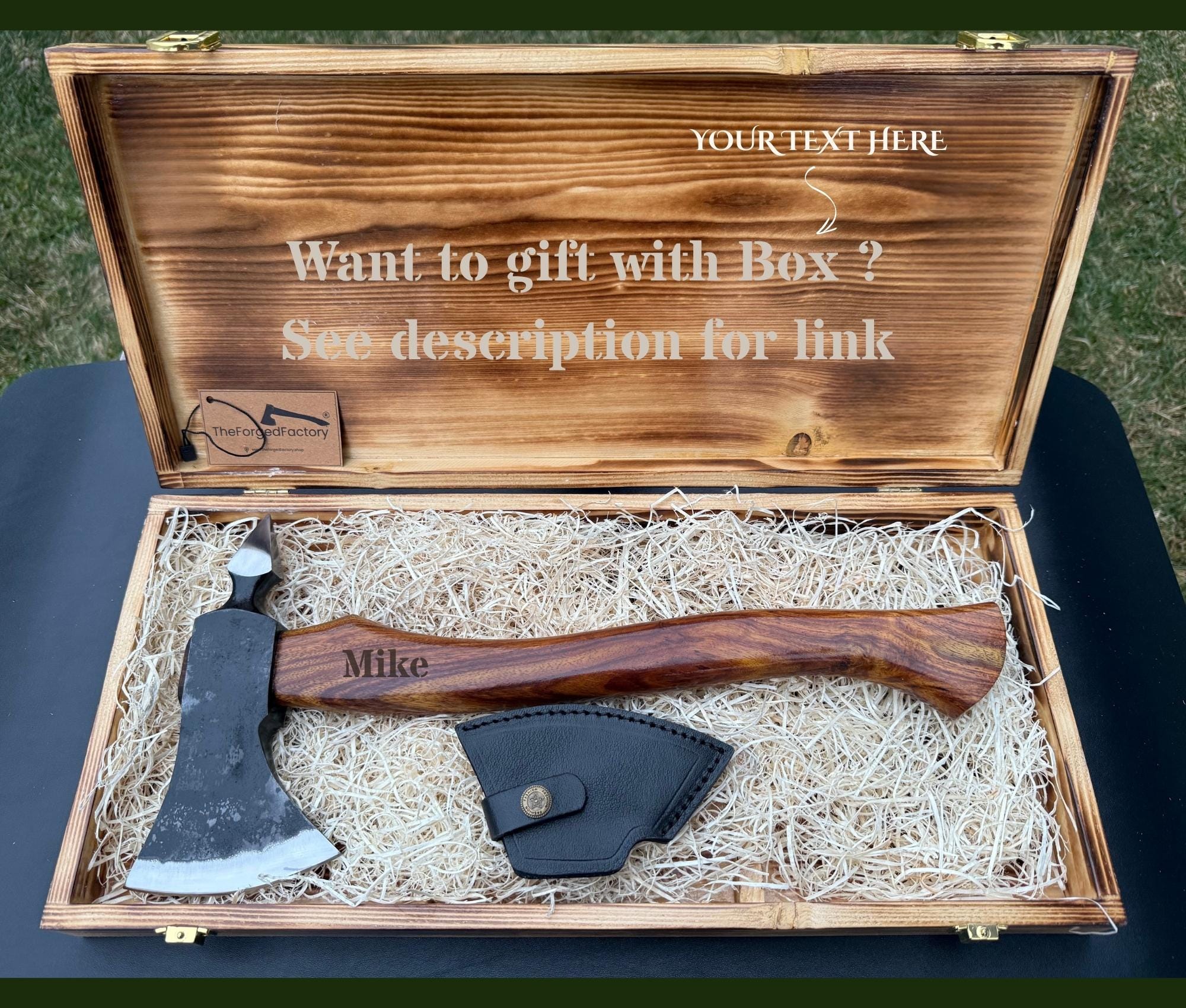 Hache Tomahawk en acier à haute teneur en carbone de 38,1 cm de long avec poignée ronde en bois de rose, gaine épaisse en cuir de vache