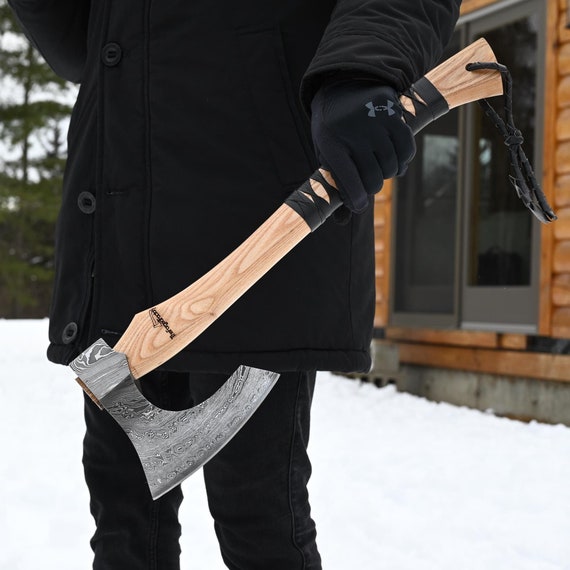 Damascus Viking Hatchet, Hand Forged Bearded Outdoor Camping Axe with Leather Sheath, Gift for Him on Anniversary, Christmas and New Year