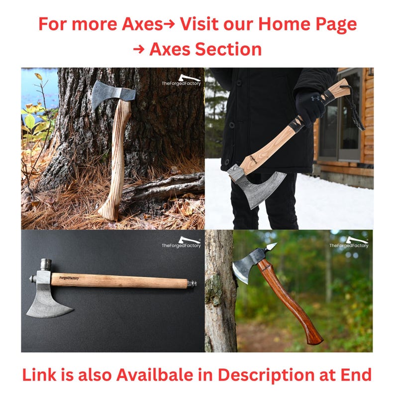 May include: A collage of four axes featuring forged metal heads and wooden handles. The axes display various grain patterns and shapes, including one with a hammer poll. The text "TheForgedFactory" appears on three of the images, along with promotional text.