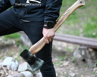 Hand Forged Long 24" Axe, Heavy Carbon Steel Hatchet with Ash Wood Handle, Camping & Hiking Tool