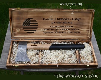 Military Retirement Gift, Personalized Axe with Wooden Box for Groomsmen, Army Navy Marine Veteran Police Hatchet, Party Gift for Him