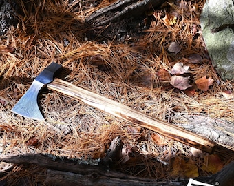 Damascus Viking Bushcraft Axe with Sharpened Steel Blade, Ash Wood Handle, Leather Sheath, Gift for Him on Anniversary.