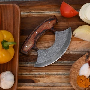 Handgemaakt Damascus-staal ULU-mes, keukenpizzasnijder en chef-koksnijder, houten handvat, cadeau voor hem, verjaardagscadeau Moederdag