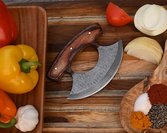 Handmade Damascus Steel ULU Knife, Kitchen Pizza Cutter and Chef Slicer, Wood Handle, Gift for Him, Birthday Anniversary Mothers Day Gift