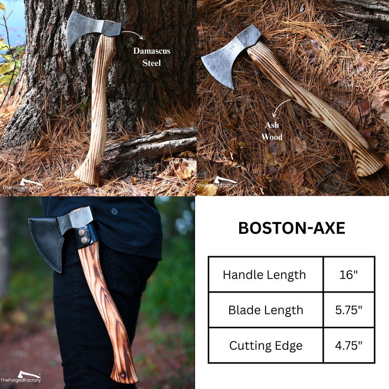 May include: Axe with a Damascus steel blade and ash wood handle. The handle is 16 inches long, the blade is 5.75 inches, and the cutting edge is 4.75 inches. The axe is shown in multiple views, including one with a leather sheath.