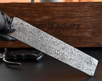 Feather Pattern Damascus Billet for Knife Making – 12" Hand Forged Blank Blade & Steel Bar for Custom Knives and Mosaic Damascus Blades