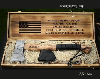Custom Military Retirement Axe, Personalized Wooden Box, Marine Army Navy Air Force Gift, Anniversary Fathers Day Gift, Gift for Him Retiree