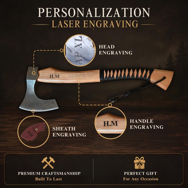 May include: A metal axe head with a wooden handle wrapped in black cord and a leather lanyard. The image displays text labels for personalization laser engraving on the head, handle, and sheath, featuring the initials H.M. and the text AP XL.