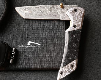 Handmade 7.5" Folding Tanto Knife, Damascus Steel with Resin Handle & Leather Sheath, Gift for Him Dad Boyfriend, Anniversary Birthday Gift